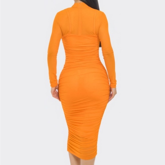 Solid Mesh Ruched Midi Dress - Picture 3 of 3